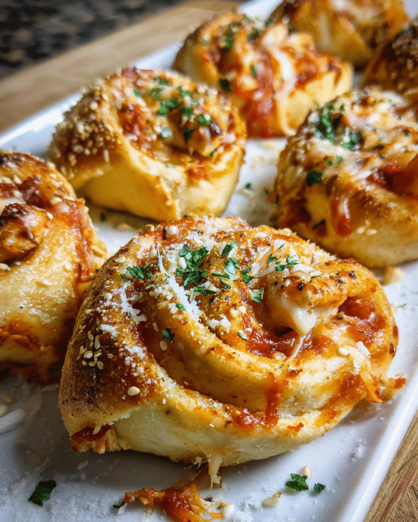 Golden baked chicken parmesan rolls with melted mozzarella and sesame seeds