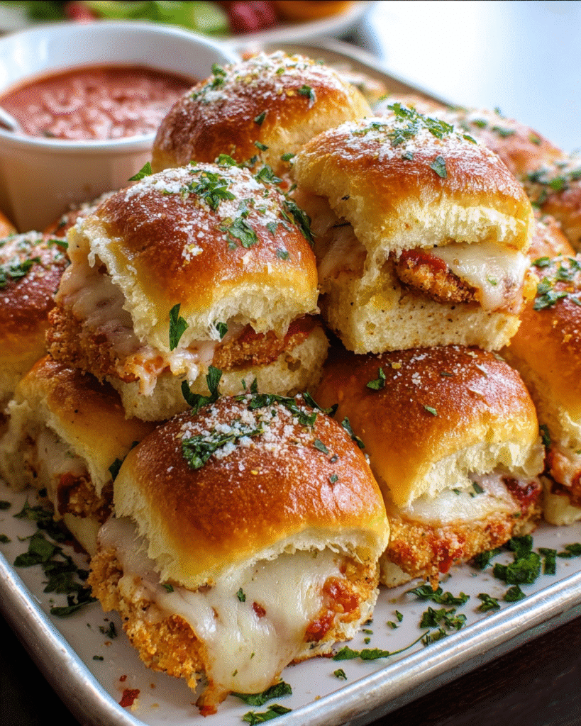 Baked Chicken Parmesan Sliders with melted mozzarella and marinara