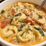 Bowl of Chicken Parmesan Tortellini Soup with spinach and cheese