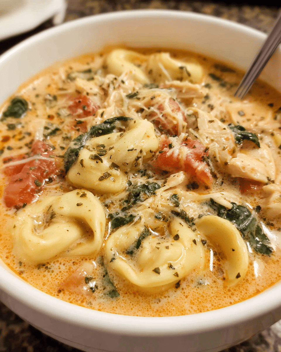 Bowl of Chicken Parmesan Tortellini Soup with spinach and cheese