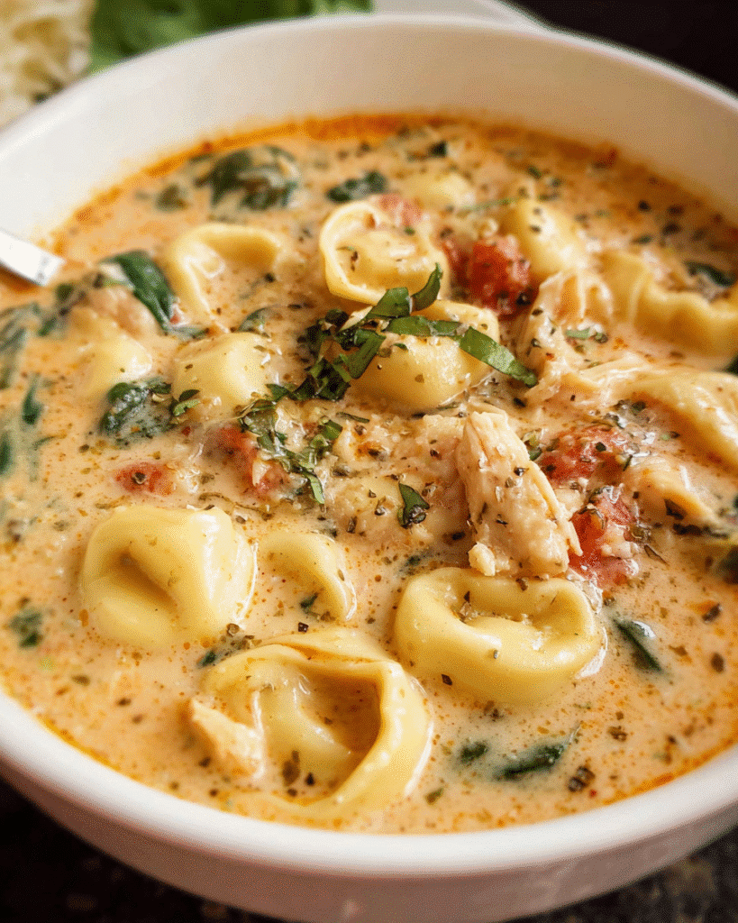 Bowl of Chicken Parmesan Tortellini Soup with spinach and cheese