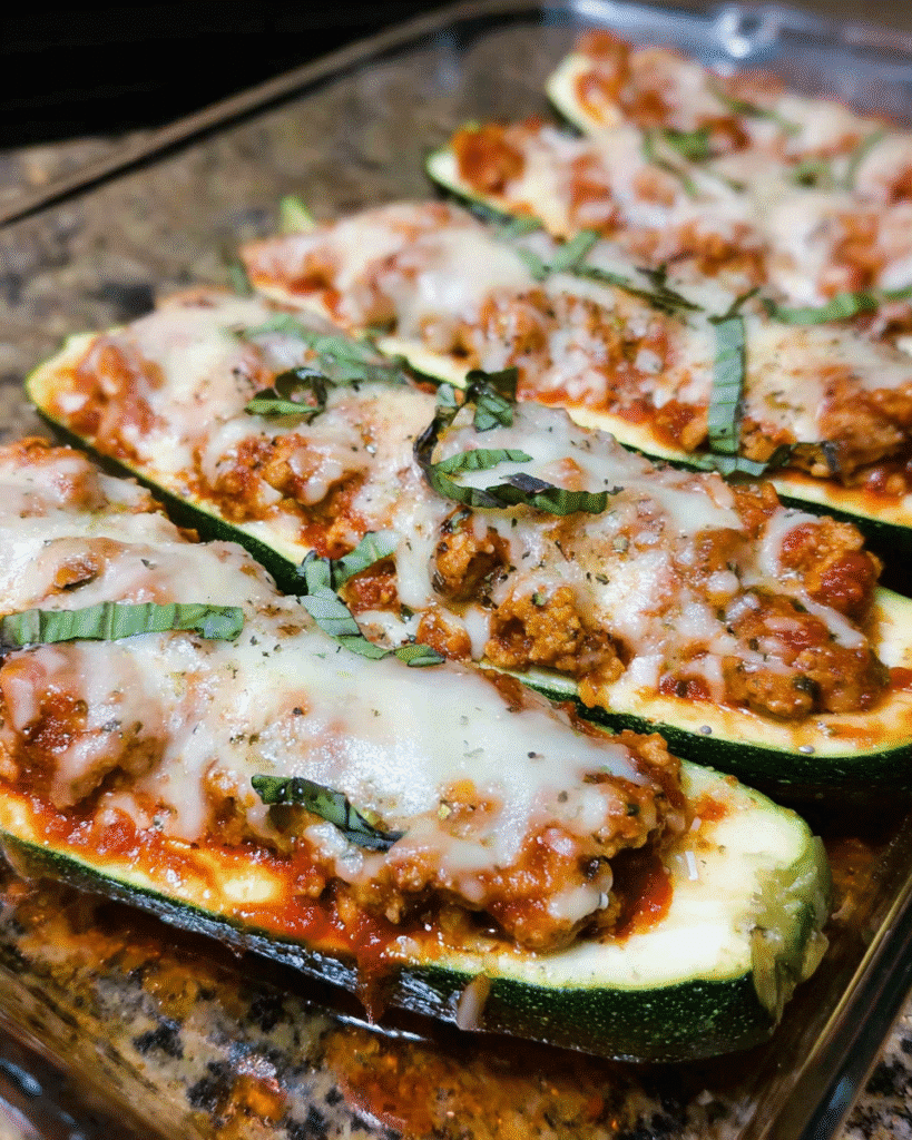 Baked chicken parmesan zucchini boats topped with melted mozzarella and fresh basil