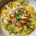 Creamy Chicken Philly Pasta Soup served in a bowl with zucchini and basil garnish