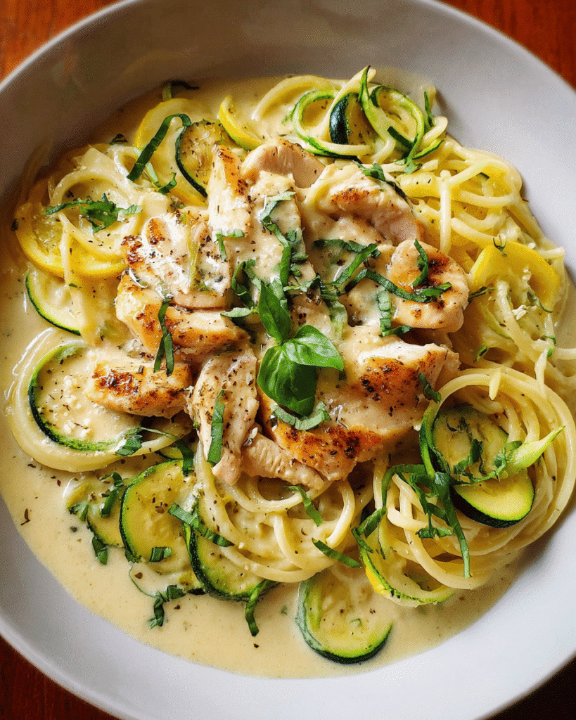 Creamy Chicken Philly Pasta Soup served in a bowl with zucchini and basil garnish