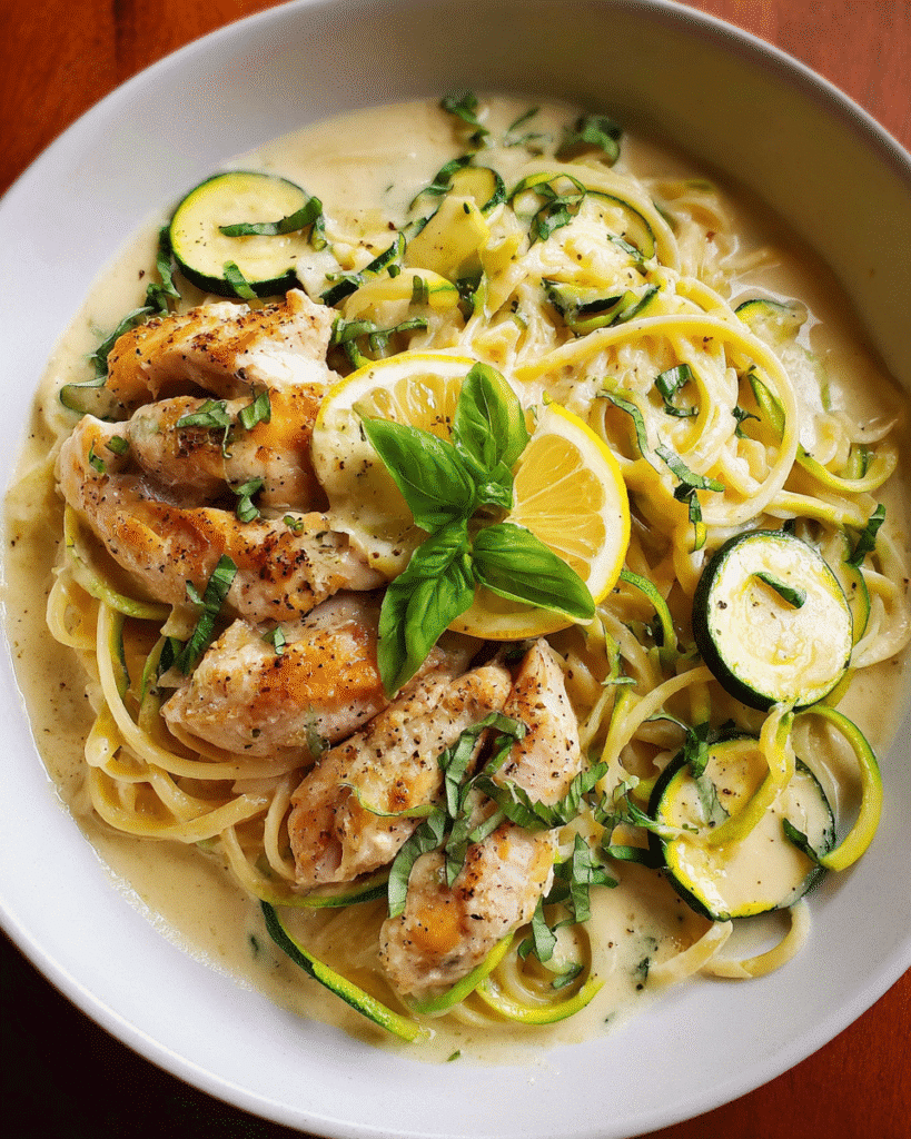 Creamy Chicken Philly Pasta Soup served in a bowl with zucchini and basil garnish