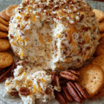 Chicken ranch cheese ball coated in pecans served with crackers