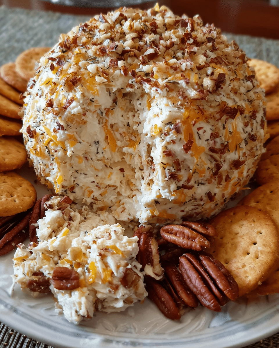 Chicken ranch cheese ball coated in pecans served with crackers