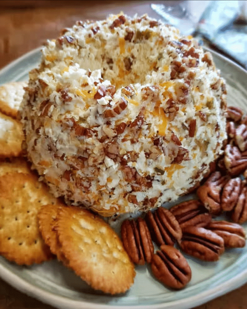 Chicken ranch cheese ball coated in pecans served with crackers