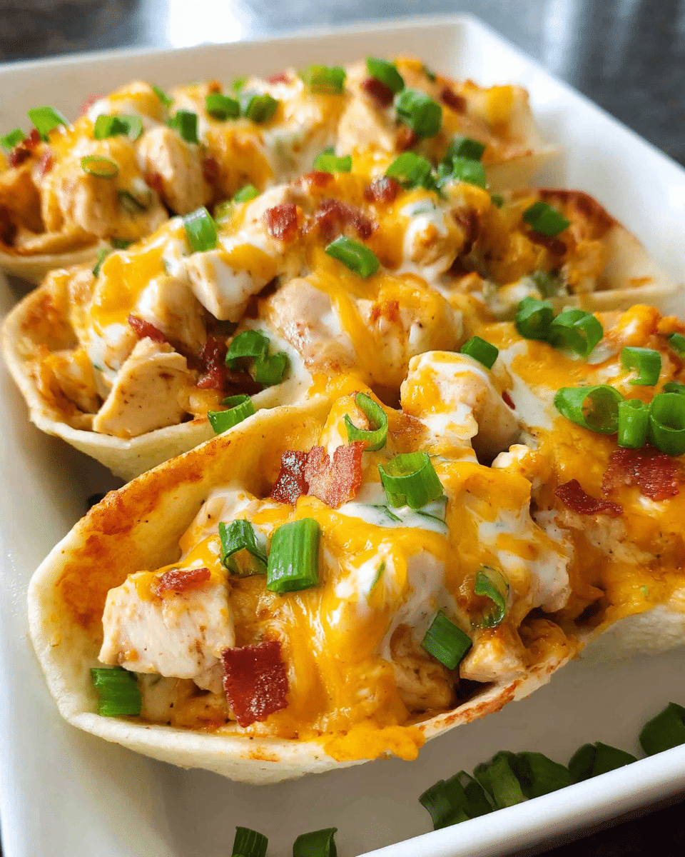 Chicken Ranch Nacho Boats topped with melted cheddar and green onions