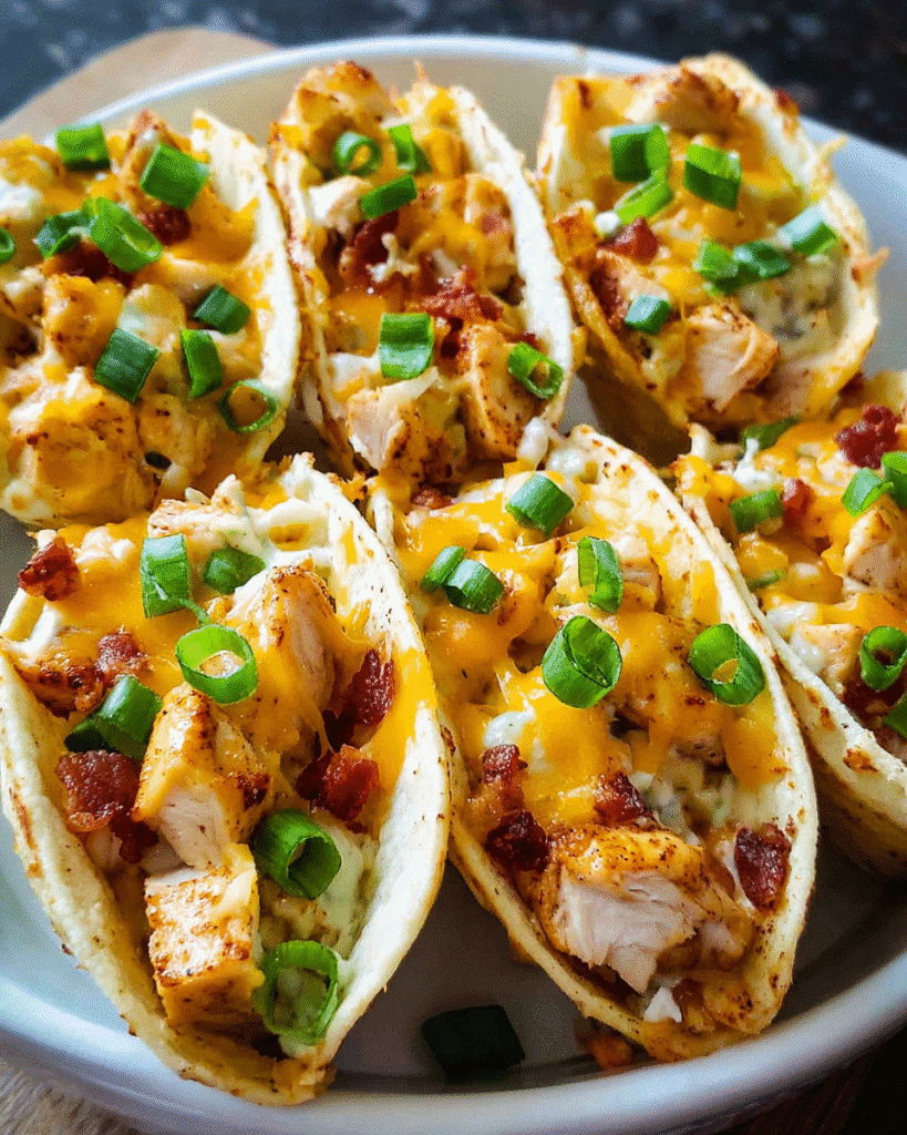 Chicken Ranch Nacho Boats topped with melted cheddar and green onions