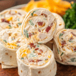 Creamy chicken ranch tortilla rolls sliced into pinwheels on a serving platter