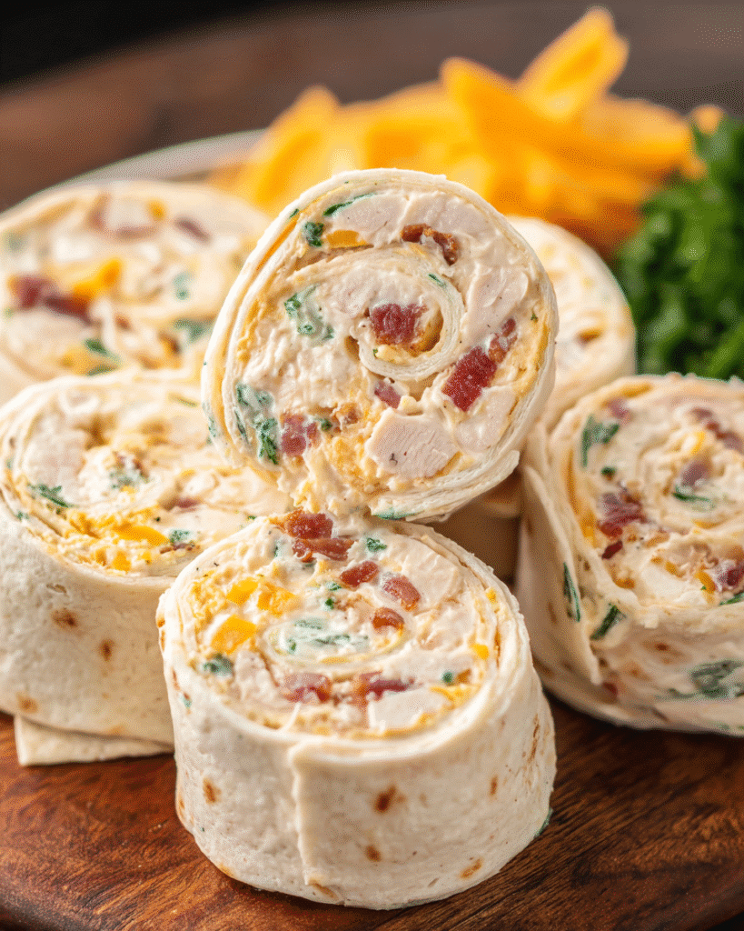 Creamy chicken ranch tortilla rolls sliced into pinwheels on a serving platter