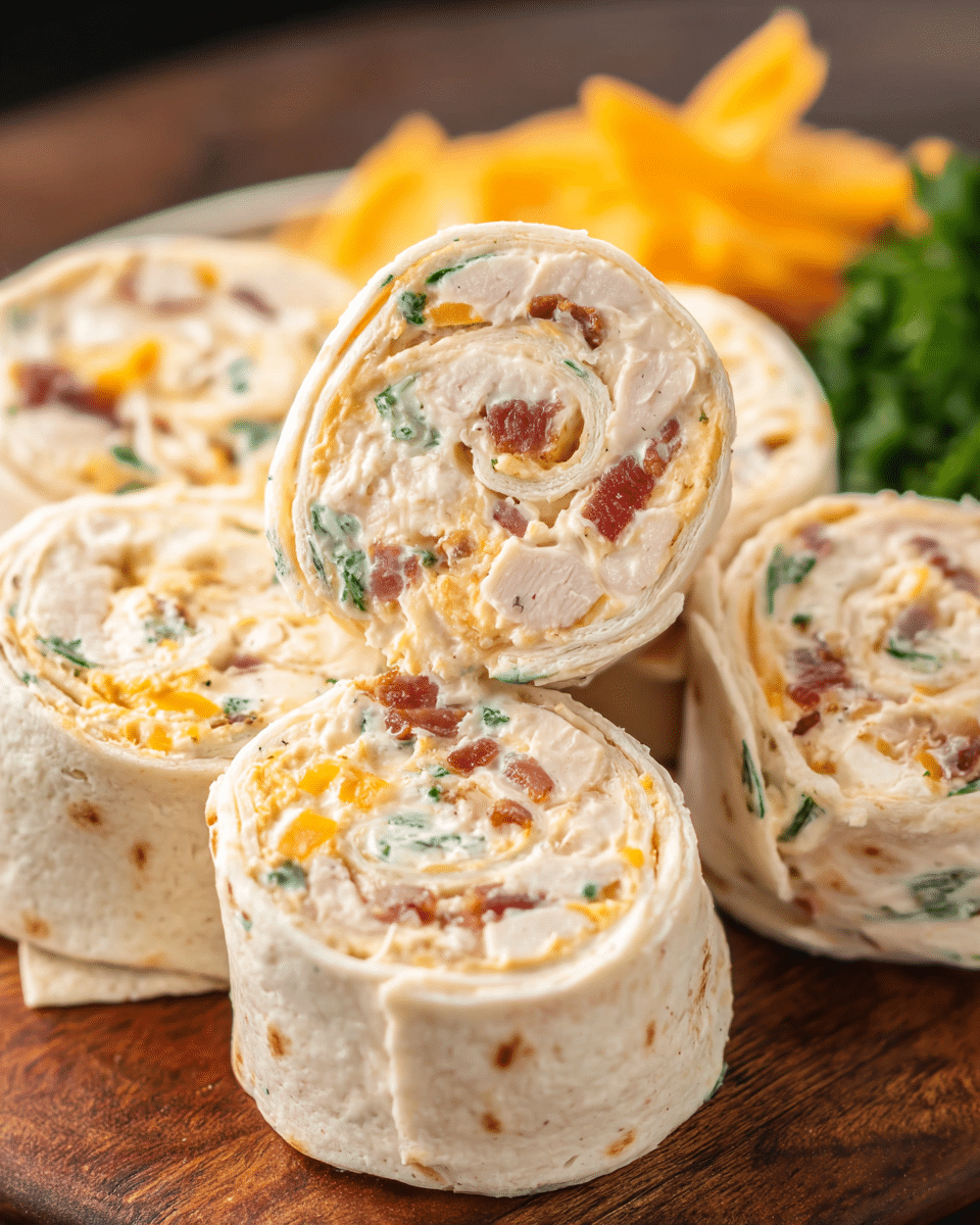 Creamy chicken ranch tortilla rolls sliced into pinwheels on a serving platter