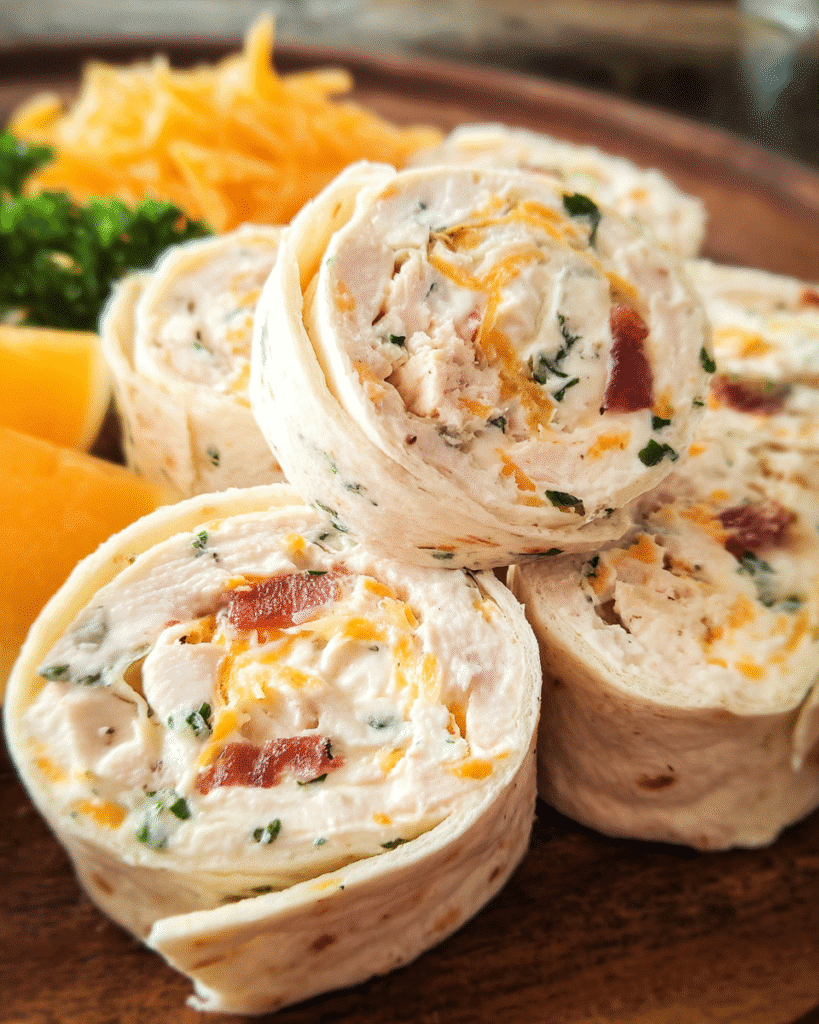 Creamy chicken ranch tortilla rolls sliced into pinwheels on a serving platter