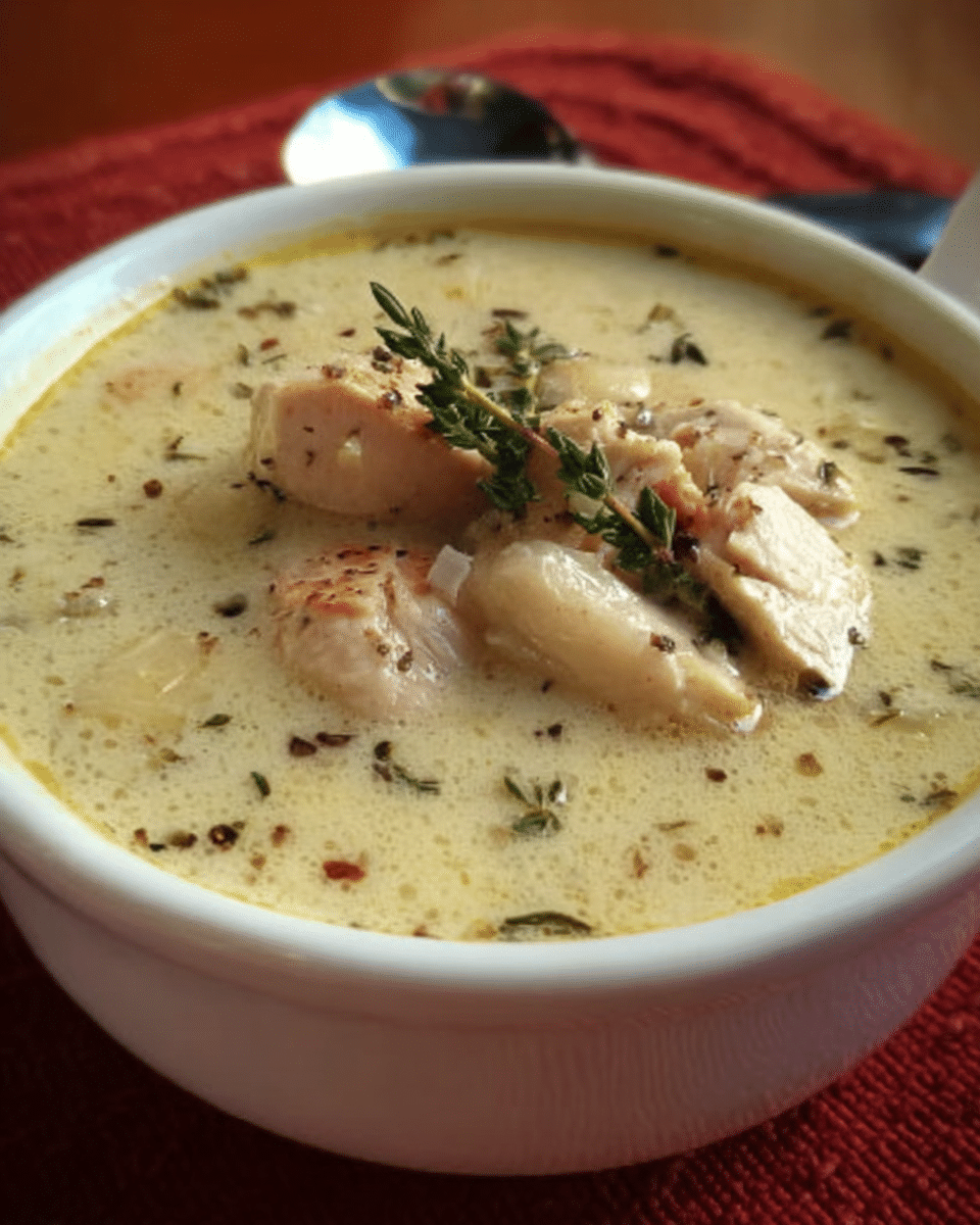 Chicken and roasted garlic cream soup in bowl with herbs