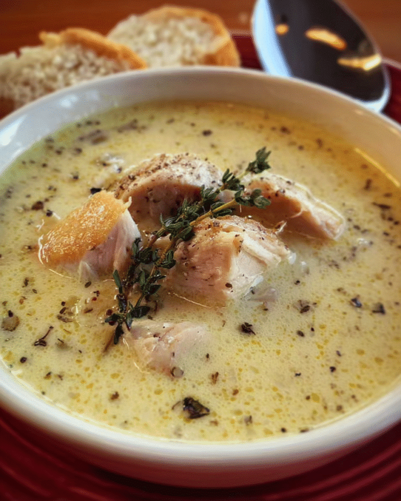 Chicken and roasted garlic cream soup in bowl with herbs