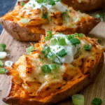 Baked chicken-stuffed sweet potatoes topped with melted mozzarella and spring onions