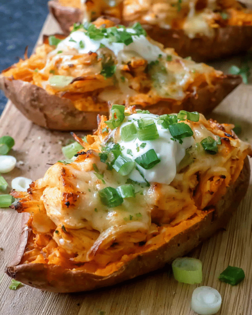 Baked chicken-stuffed sweet potatoes topped with melted mozzarella and spring onions