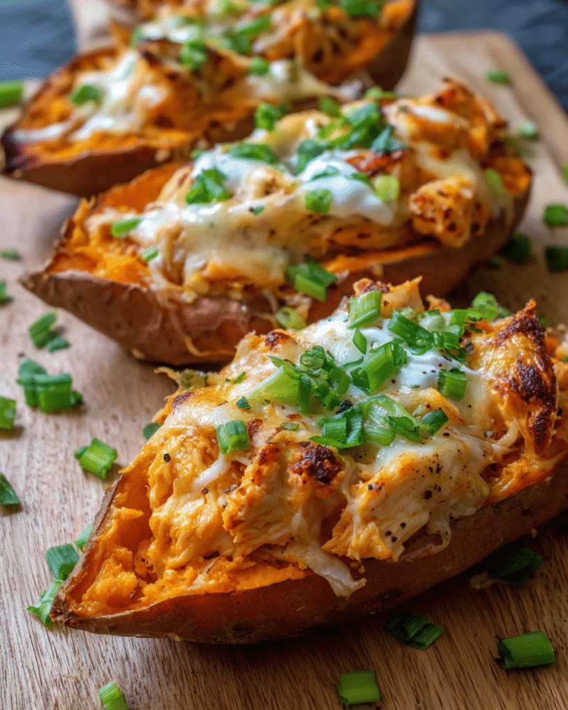 Baked chicken-stuffed sweet potatoes topped with melted mozzarella and spring onions