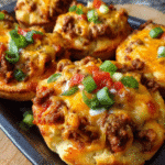 Chicken Taco Biscuit Cups baked in a muffin tin with melted cheddar cheese