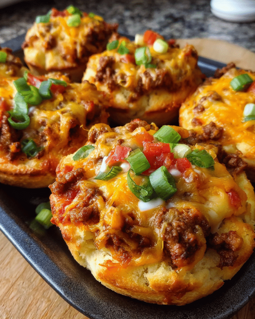 Chicken Taco Biscuit Cups baked in a muffin tin with melted cheddar cheese