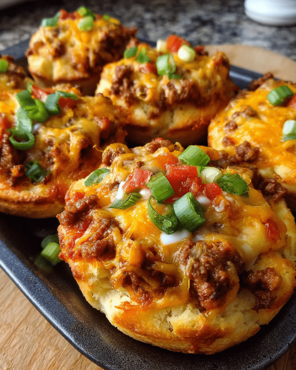 Chicken Taco Biscuit Cups baked in a muffin tin with melted cheddar cheese