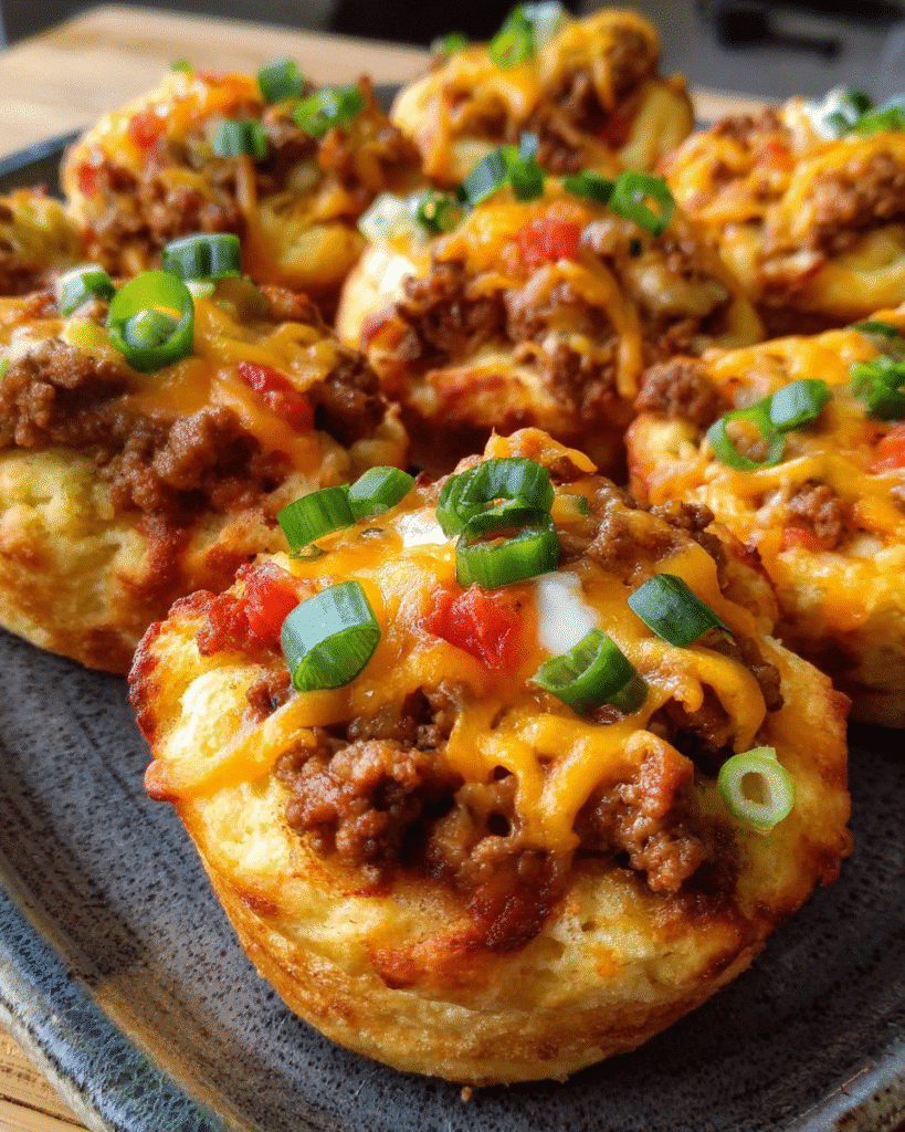 Chicken Taco Biscuit Cups baked in a muffin tin with melted cheddar cheese