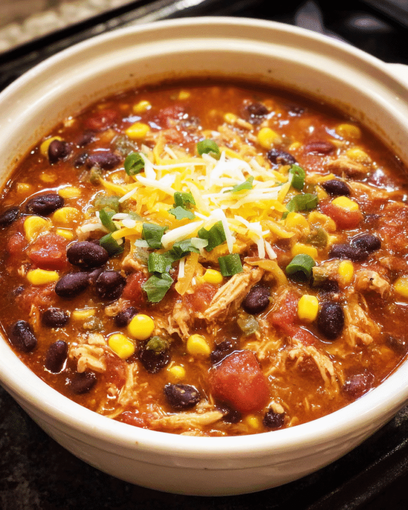Slow cooker chicken taco chowder in a bowl with toppings