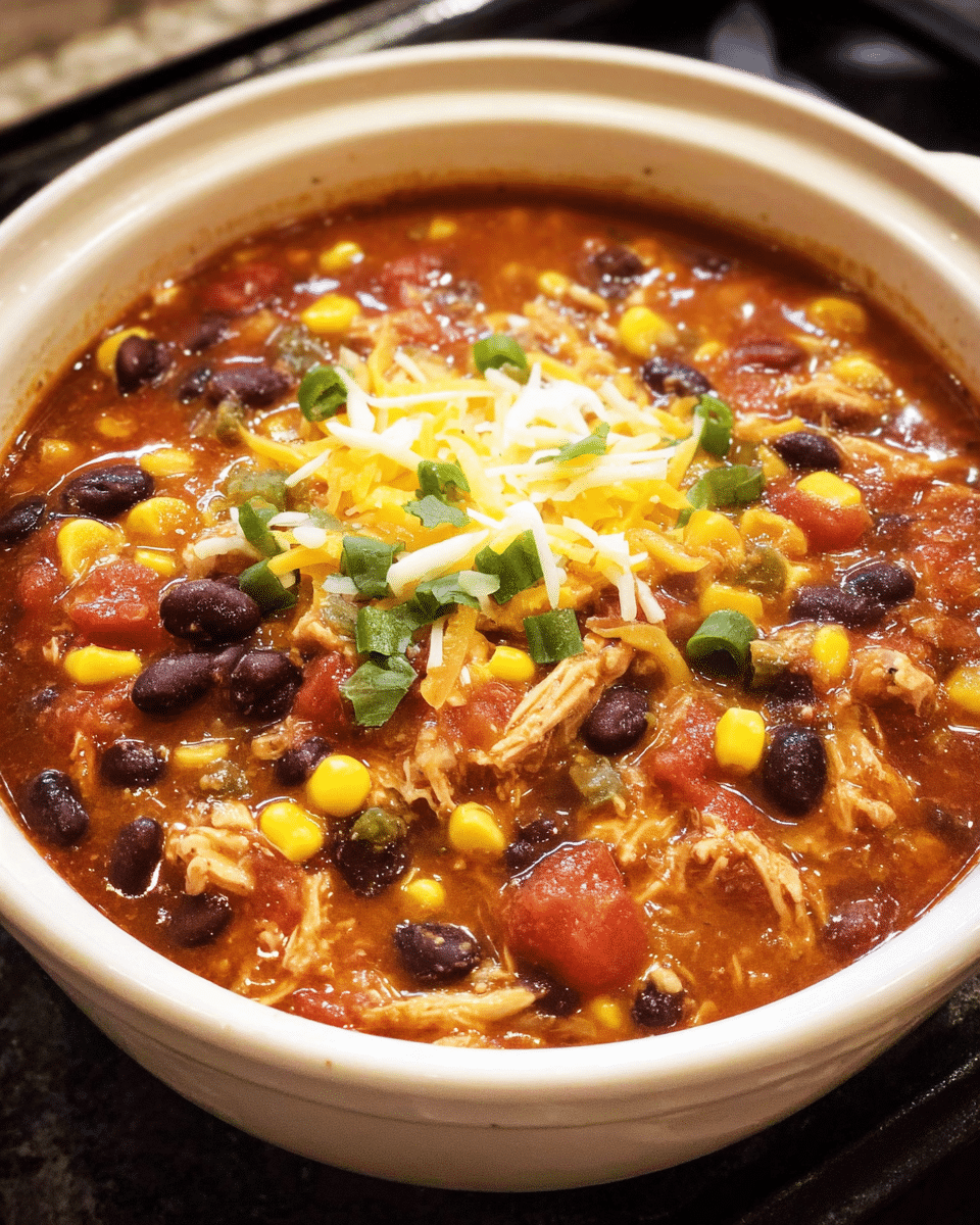 Slow cooker chicken taco chowder in a bowl with toppings