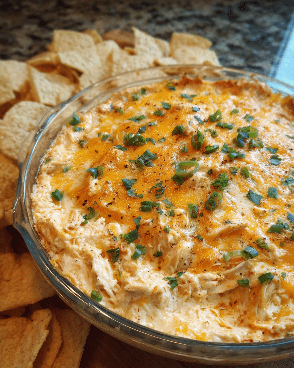 Baked chicken taco queso dip served hot with tortilla chips