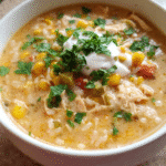 Bowl of creamy Chicken Taco Rice Soup with cilantro garnish
