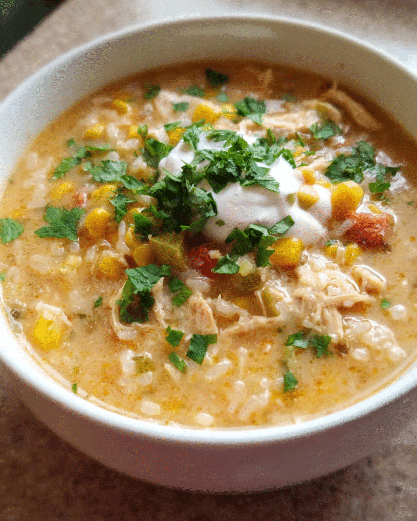 Bowl of creamy Chicken Taco Rice Soup with cilantro garnish