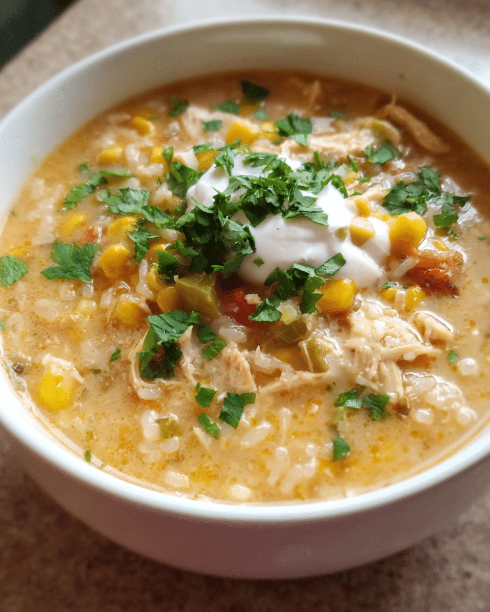 Bowl of creamy Chicken Taco Rice Soup with cilantro garnish