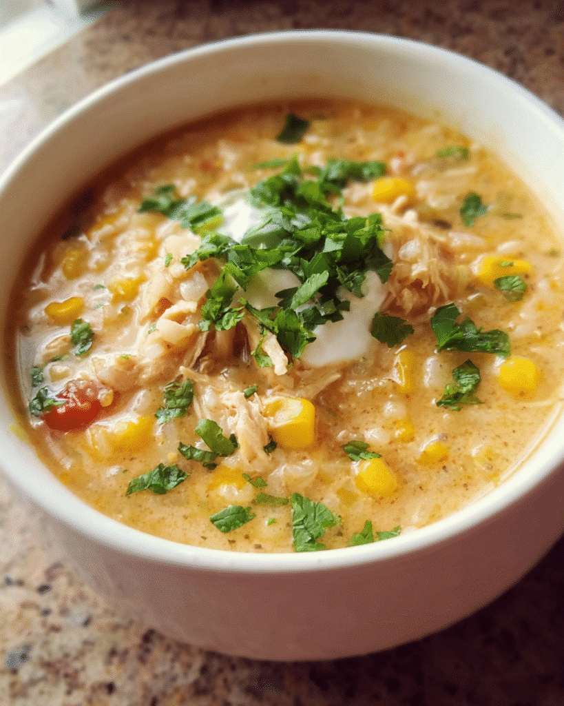 Bowl of creamy Chicken Taco Rice Soup with cilantro garnish