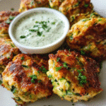 Golden chicken zucchini poppers served with creamy cilantro sauce