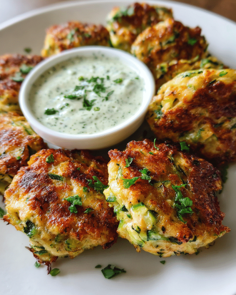 Golden chicken zucchini poppers served with creamy cilantro sauce