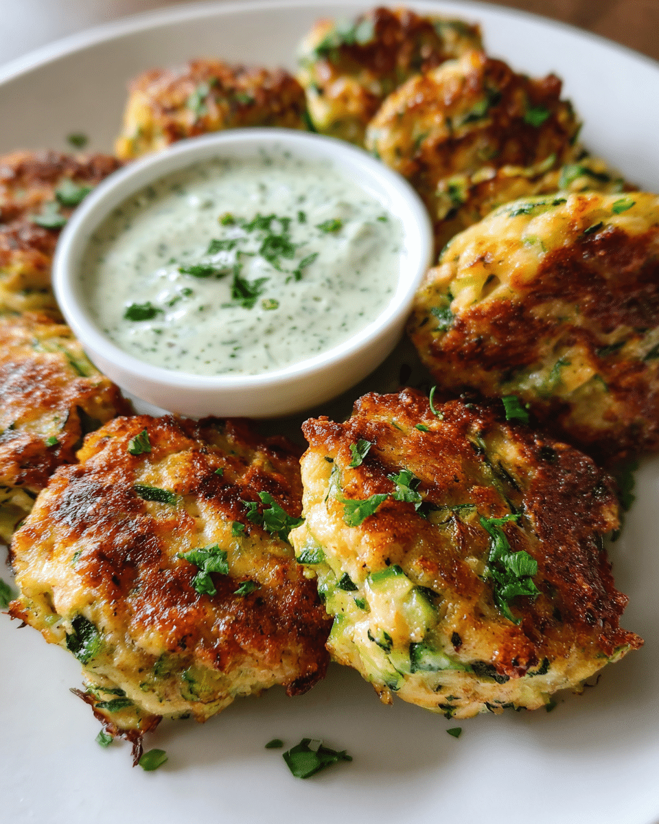 Golden chicken zucchini poppers served with creamy cilantro sauce