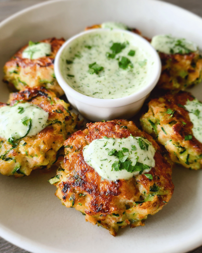 Golden chicken zucchini poppers served with creamy cilantro sauce