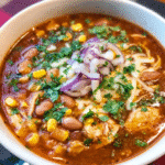 Creamy BBQ Chicken Soup served with toppings in a white bowl