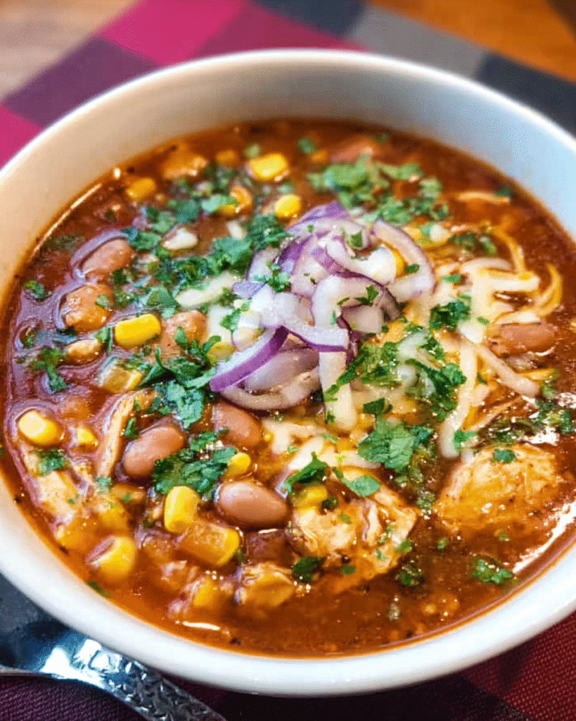 Creamy BBQ Chicken Soup served with toppings in a white bowl
