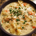 Bowl of creamy chicken Alfredo stew with pasta and parsley
