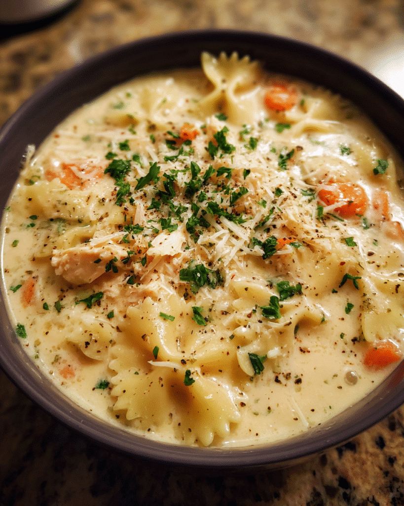 Bowl of creamy chicken Alfredo stew with pasta and parsley