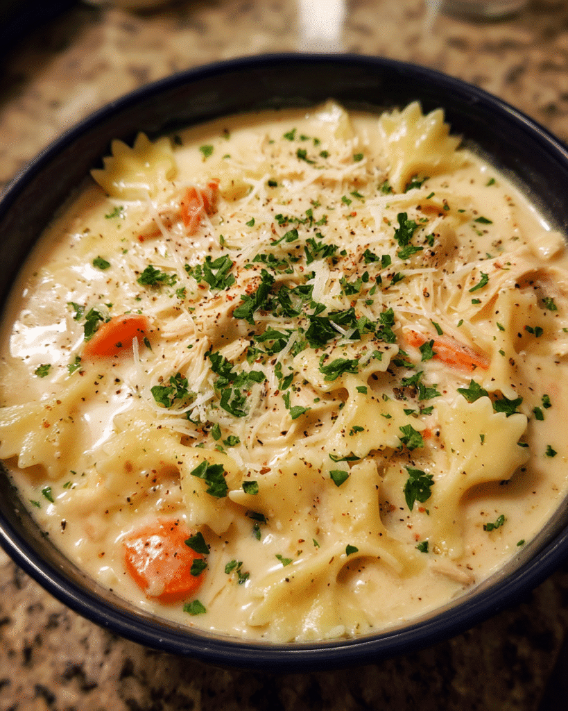 Bowl of creamy chicken Alfredo stew with pasta and parsley