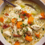 Creamy chicken bacon soup in a white bowl with shredded chicken and herbs