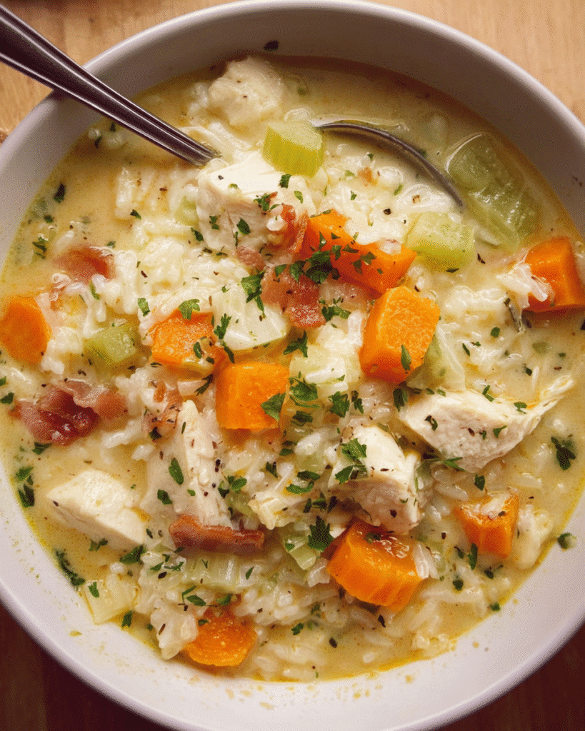 Creamy chicken bacon soup in a white bowl with shredded chicken and herbs