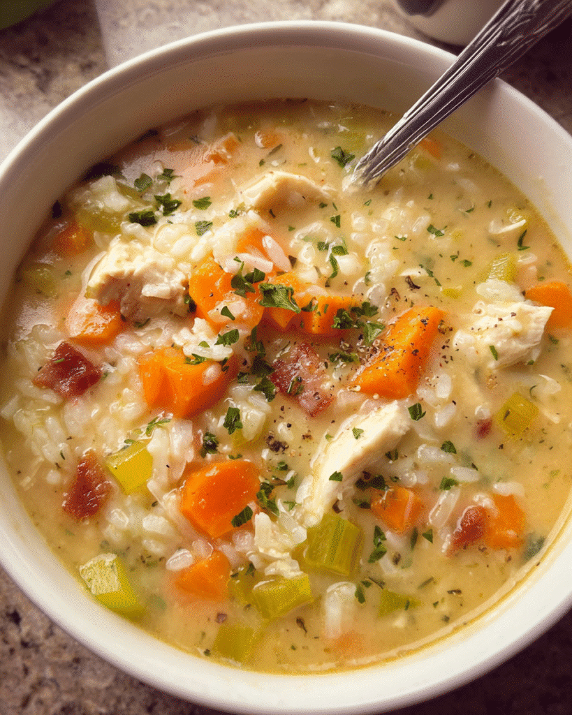 Creamy chicken bacon soup in a white bowl with shredded chicken and herbs