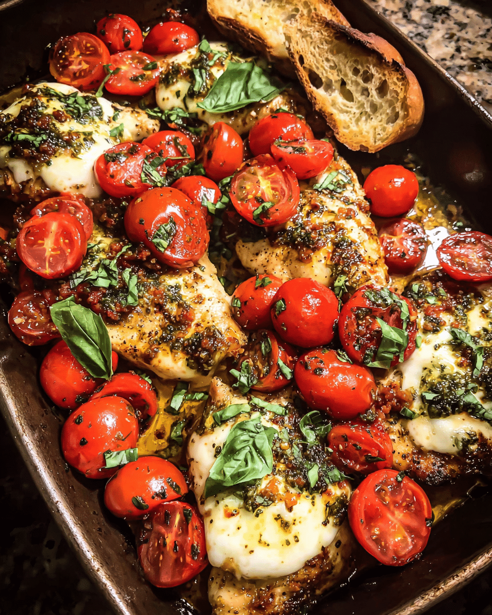 Creamy Chicken Bruschetta topped with tomatoes and melted mozzarella