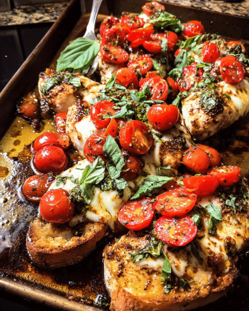 Creamy Chicken Bruschetta topped with tomatoes and melted mozzarella