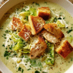 Creamy Chicken Caesar Soup with croutons in bowl