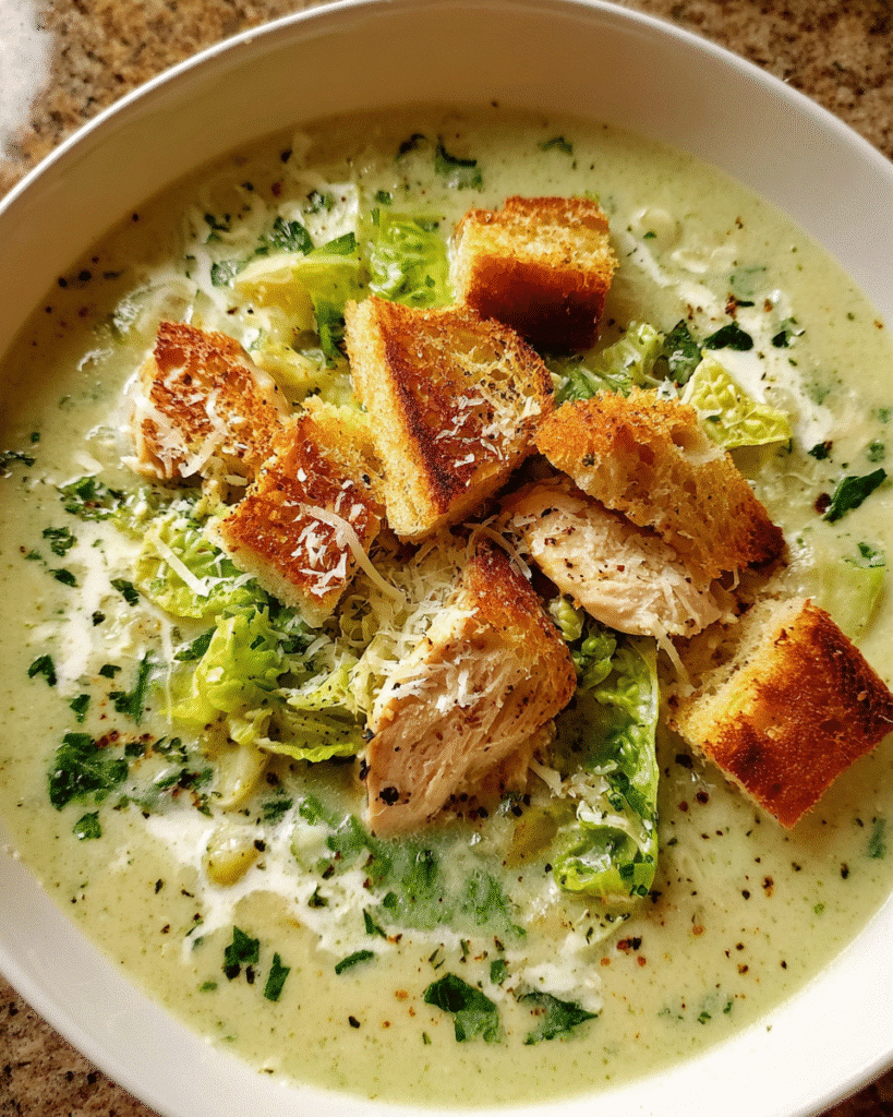 Creamy Chicken Caesar Soup with croutons in bowl